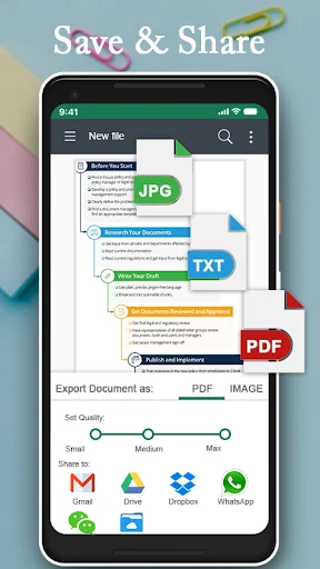 Export share menu with PDF JPG TXT format options and Gmail Drive Dropbox WhatsApp integration