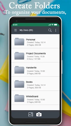 Folder organization screen to manage scanned documents with file sizes and page counts listed