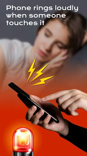 Anti-theft phone alarm app showing loud alert when phone is touched with red siren light warning visual