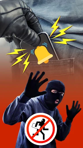 Phone security app detecting theft attempt with masked intruder and prohibition symbol showing anti-theft protection