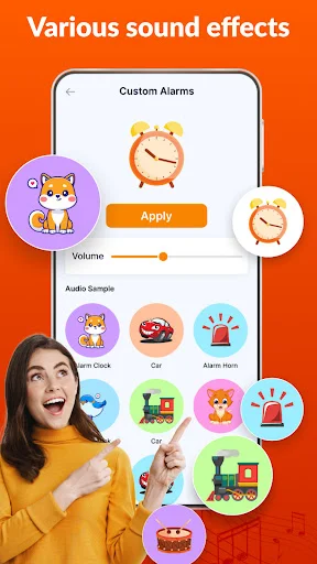Custom alarm sound selection interface showing various alert tones including siren, dog, car, and train sounds