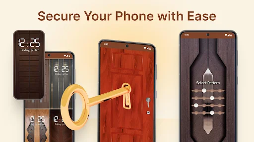 Door Screen Lock app featuring wooden door themes, pattern locks, golden keys, and multiple security designs