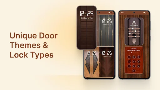 App gallery of unique door lock themes including wooden, striped, and red doors with pattern and keypad options