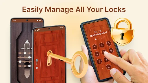 Lock management feature allowing users to select and manage various door lock designs with password entry interface