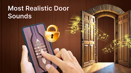 Door lock screen with realistic opening animation and authentic door sound effects for interactive phone security