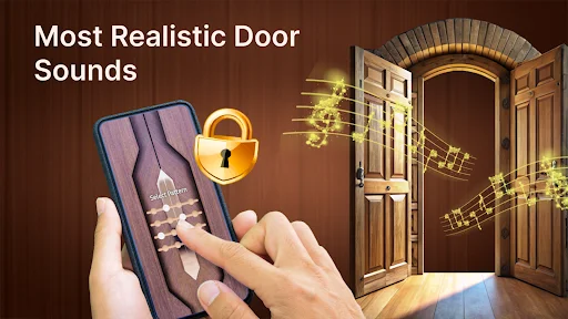 Door lock screen with realistic opening animation and authentic door sound effects for interactive phone security