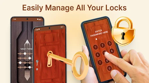Lock management feature allowing users to select and manage various door lock designs with password entry interface