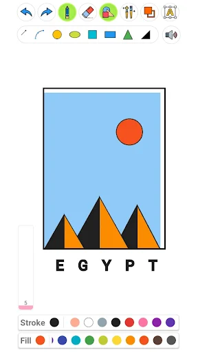 Drawing Pad Pro app showing Egypt pyramid sketch with drawing tools, shape options, and color palettes for stroke and fill