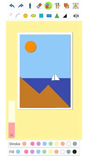 Drawing Pad Pro interface displaying sailboat landscape art with yellow mat, drawing toolbar, and color selection palettes