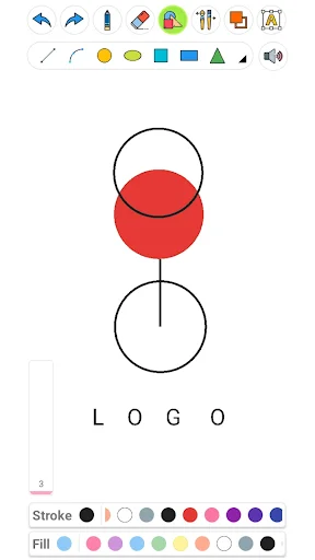 Drawing Pad Pro sketchpad showing minimalist logo design with circles, text tools, and stroke/fill color palette options