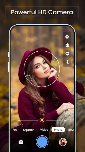 DSLR Camera app HD photo mode showing portrait with bokeh effect, shooting modes, and camera controls