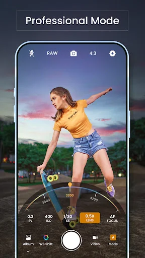 Professional camera mode with manual controls, RAW shooting, ISO, shutter speed, and aperture settings displayed