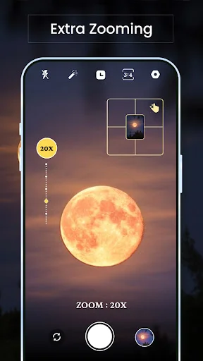 DSLR Camera app 20X zoom feature capturing moon photography with zoom indicator and grid overlay controls