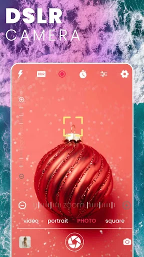DSLR Camera 4K interface with video portrait photo and square mode options for Christmas ornament shot