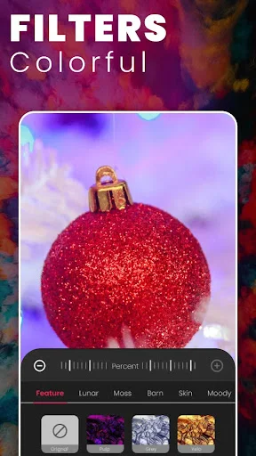 Colorful filter options in HD Camera app including Feature Lunar Moss Burn Skin and Moody effects