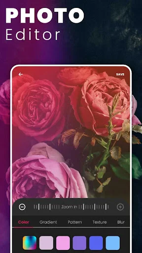 Photo editor in DSLR Camera app with color gradient pattern texture and blur adjustment tools