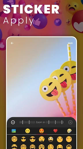 Sticker feature in HD Camera app showing emoji sticker collection to apply on photos