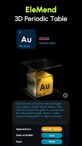 EleMend app showing Gold element with 3D cube model, atomic number 79, and properties like metallic yellow appearance