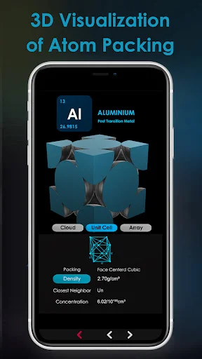 Aluminum atom packing 3D model showing face-centered cubic crystal structure with unit cell options