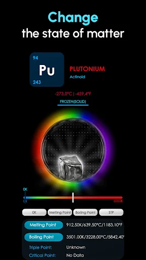 Plutonium element view with state of matter visualization showing colorful electron cloud and phase transitions