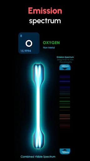 Oxygen emission spectrum feature displaying bright cyan spectral lines at 300nm and 700nm wavelengths