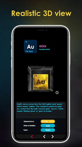 Gold element 3D realistic view in display case with atomic info and state of matter properties
