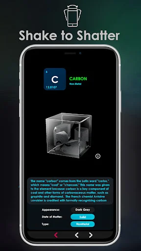 Carbon element with shake to shatter feature displaying 3D atomic structure in glass case