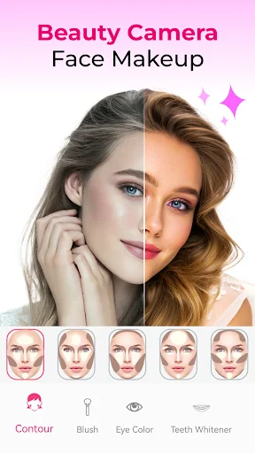 Beauty camera app interface showing before and after face makeup transformation with contour, blush, eye color options
