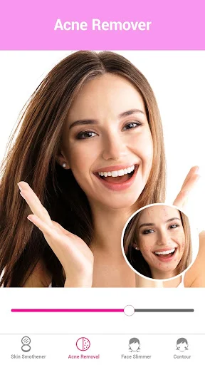 Acne remover tool with adjustment slider showing skin blemish removal and face slimmer editing options