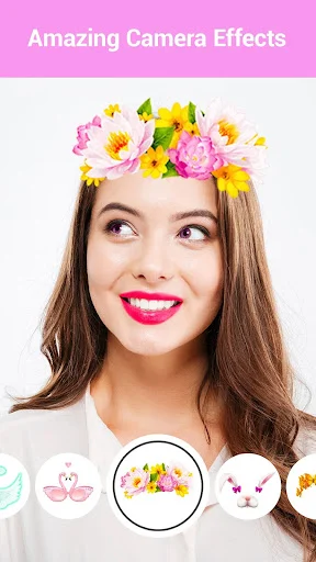 Amazing camera effects featuring flower crown filter with cute sticker options for photo decoration