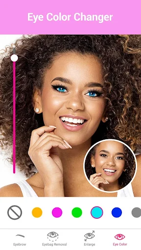 Eye color changer with vibrant color palette and intensity slider showing blue and brown eye effects