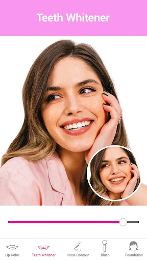 Teeth whitener feature with adjustment slider showing teeth bleaching, hide contour, and blush options