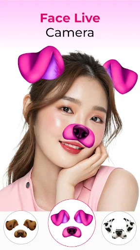 Face live camera feature with playful pink dog filter stickers and animal face effects for selfies