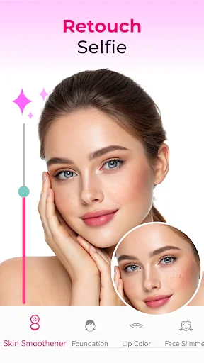 Retouch selfie editor showing skin smoothener tool with before-after preview and foundation, lip color options