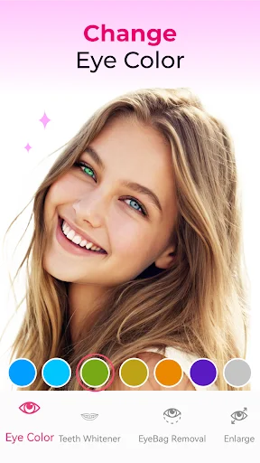 Change eye color tool with color palette selection showing blue, green, purple eye color filter options