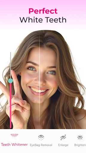 Perfect white teeth feature showing before-after comparison with teeth whitening slider and eyebag removal tools