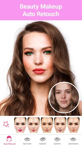 Beauty makeup auto retouch interface displaying makeup transformation with multiple preset styles and filters