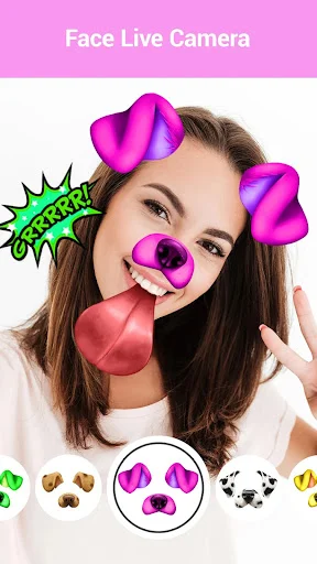 Face live camera with fun animal filters including dog ears, pink nose, and tongue sticker effects