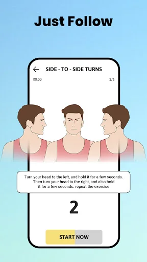 Side-to-side head turn exercise with animated demonstrations and voice-guided instructions for jawline toning.