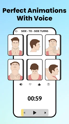Jawline exercise animations with voice guidance, timer display, and media controls for instructional video demonstrations.