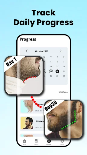 Before and after jawline progress photos with daily transformation tracking and calendar for monitoring results.