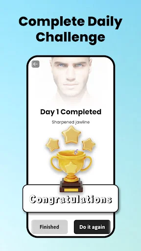 Daily challenge completion reward screen with achievement badges and trophy for finishing jawline exercise workout.
