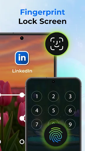 Fingerprint Lock Screen app interface showing LinkedIn app lock with numeric keypad and fingerprint biometric authentication scanner