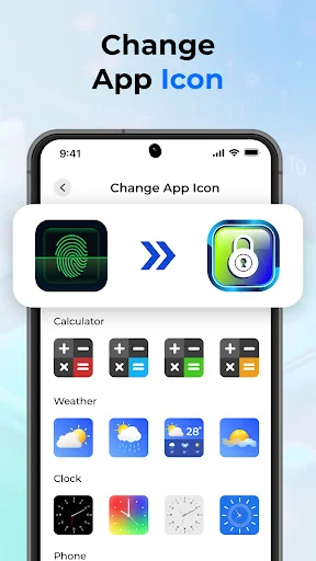 Change App Icon tool showing fingerprint lock icon customization with alternative app icon options