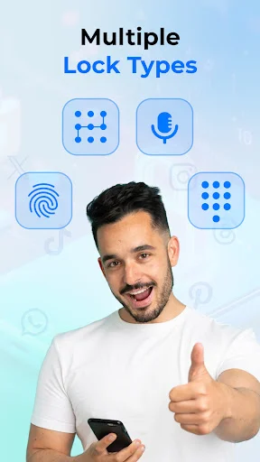 Multiple Lock Types displaying pattern unlock, voice recognition, fingerprint scan, and PIN code options
