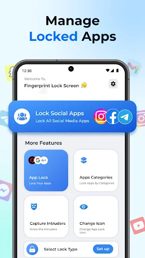 Manage Locked Apps dashboard with social app locks, app categories, intruder capture, and icon customization