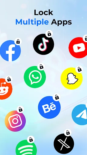 Lock Multiple Apps feature displaying social media app icons including Facebook, TikTok, YouTube, WhatsApp, and Instagram with lock symbols