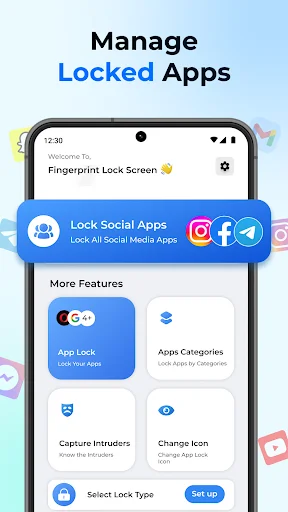 Manage Locked Apps dashboard showing locked social media apps, app lock settings, categories, intruder capture, and icon customization features