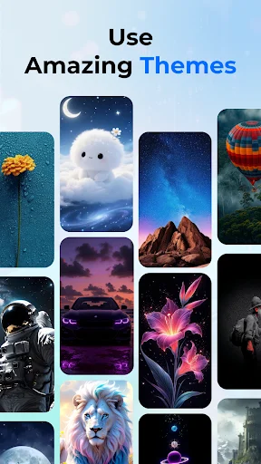 Amazing Themes gallery displaying decorative lock screen backgrounds including landscapes, galaxies, nature, and artistic visual designs