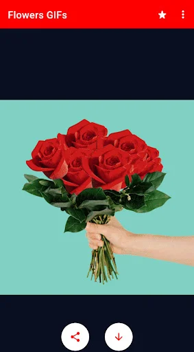 Red rose bouquet being held in hand against turquoise background with share and download buttons for gifting